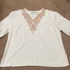 2X Tantrums Embroidered Beaded Cream and Orange 3/4 Sleeve Linen Blouse